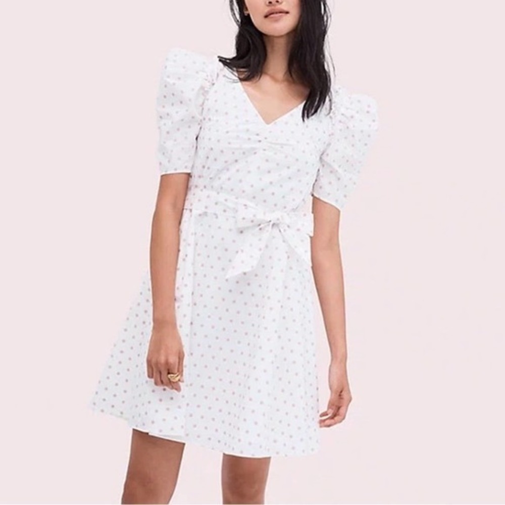 Kate Spade Polka Dot Puff Sleeve Mini Dress White Pink V-Neck Belted A-Line